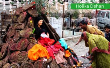 Traditional Holika Dahan bonfire burning brightly under the full moon during Phalguna Purnima